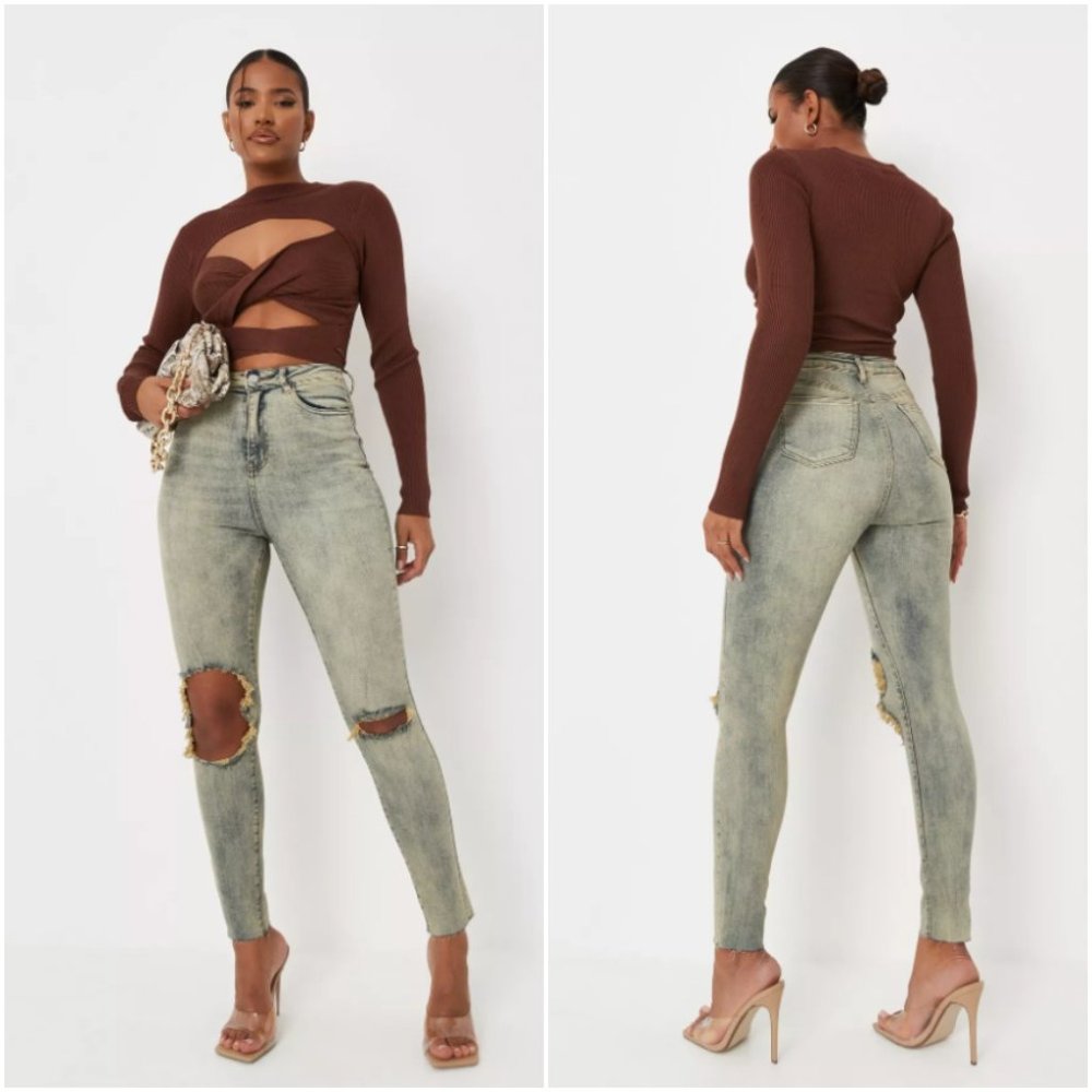 Missguided Women's Blue Sinner High Waist Skinny Distressed Stretch Jeans Sz 6S